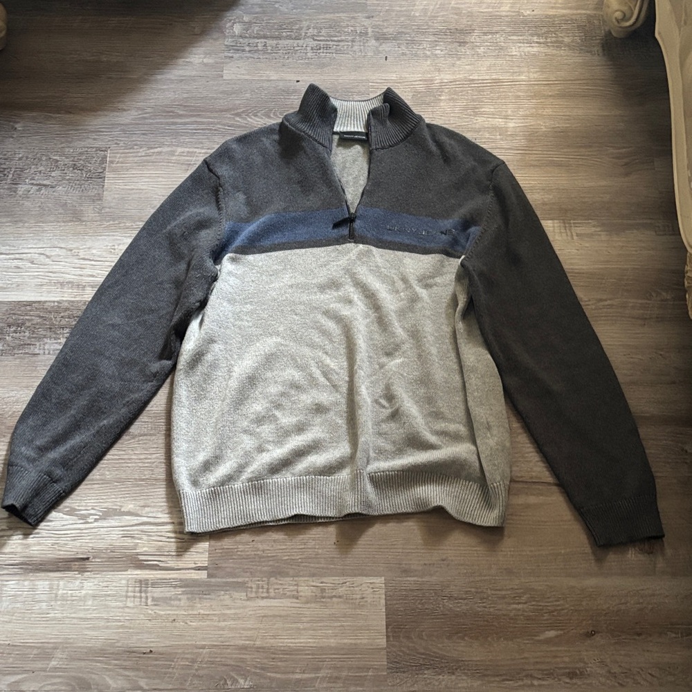 DKNY Men's Charcoal and Light Gray Half Zip-Up Sweater